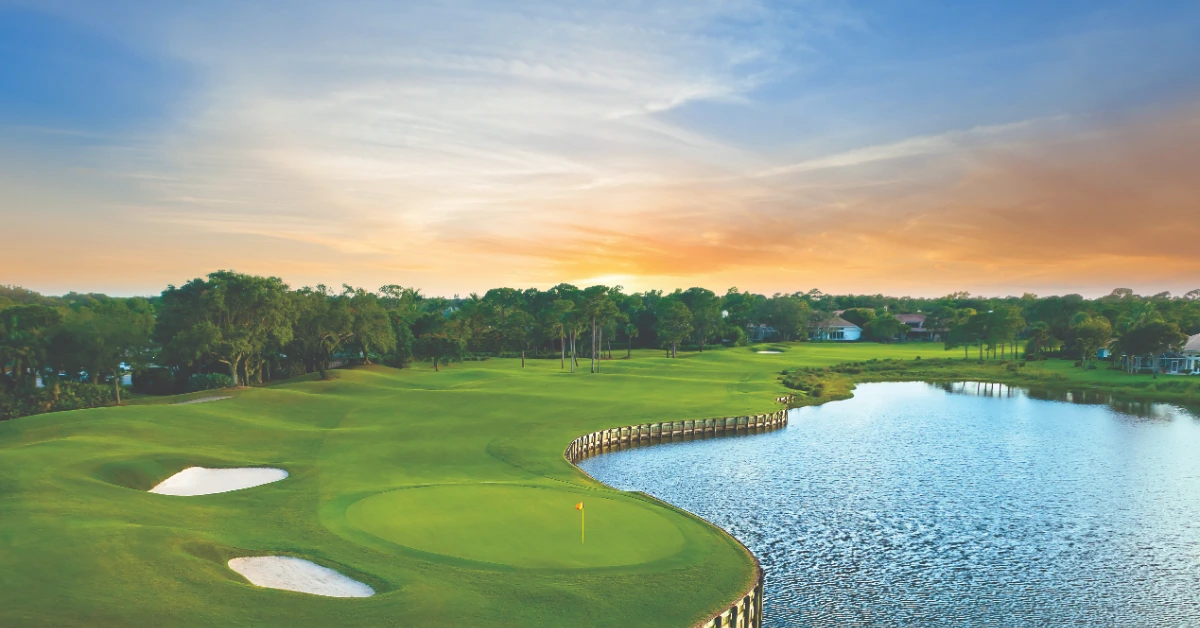 Golf course green beside water at sunset