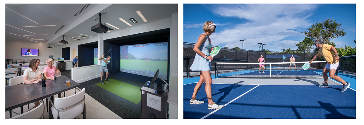 Indoor golf simulator with golfer practicing while guests sit at a table