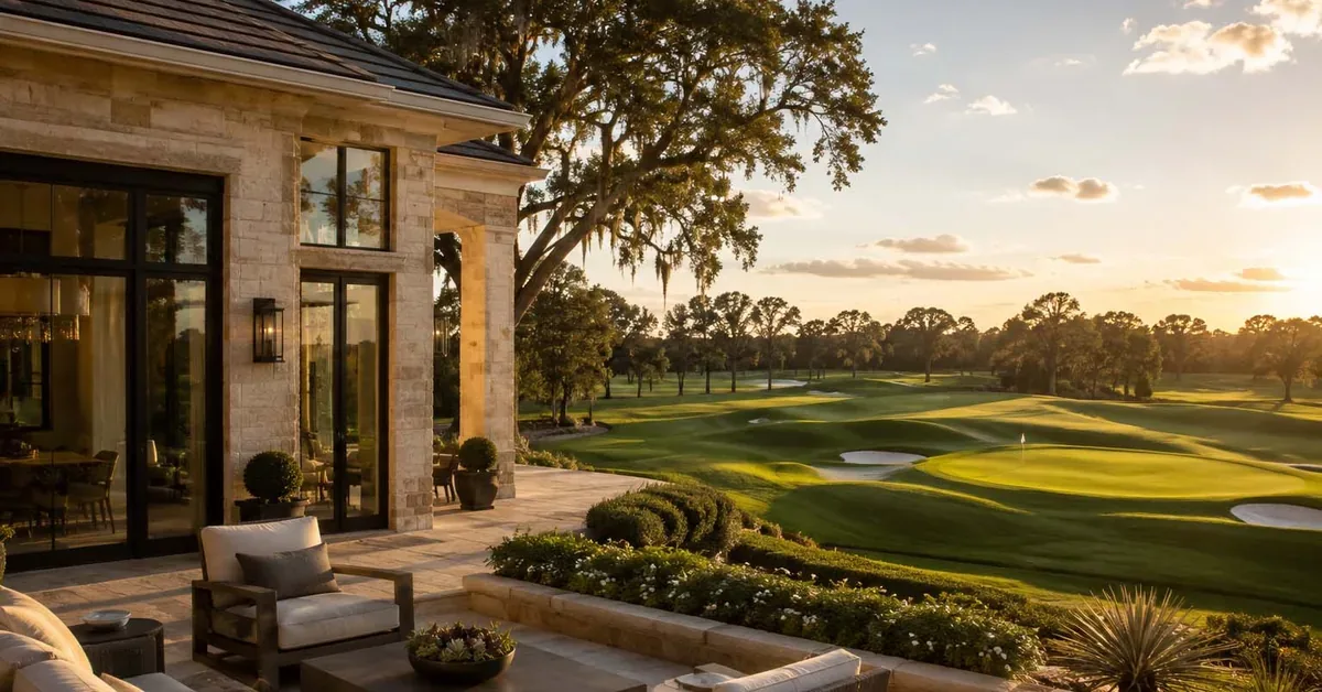 Luxury stone patio with elegant outdoor seating overlooks a pristine golf course fairway at golden hour, embodying upscale golf community living.